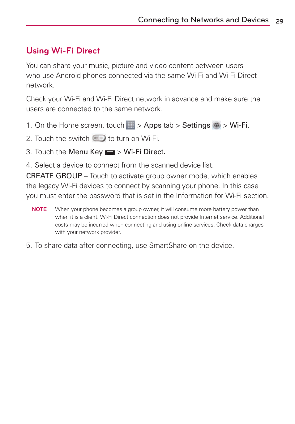 Using wi-fi direct, Connecting to networks and devices | LG US780 User Manual | Page 29 / 117