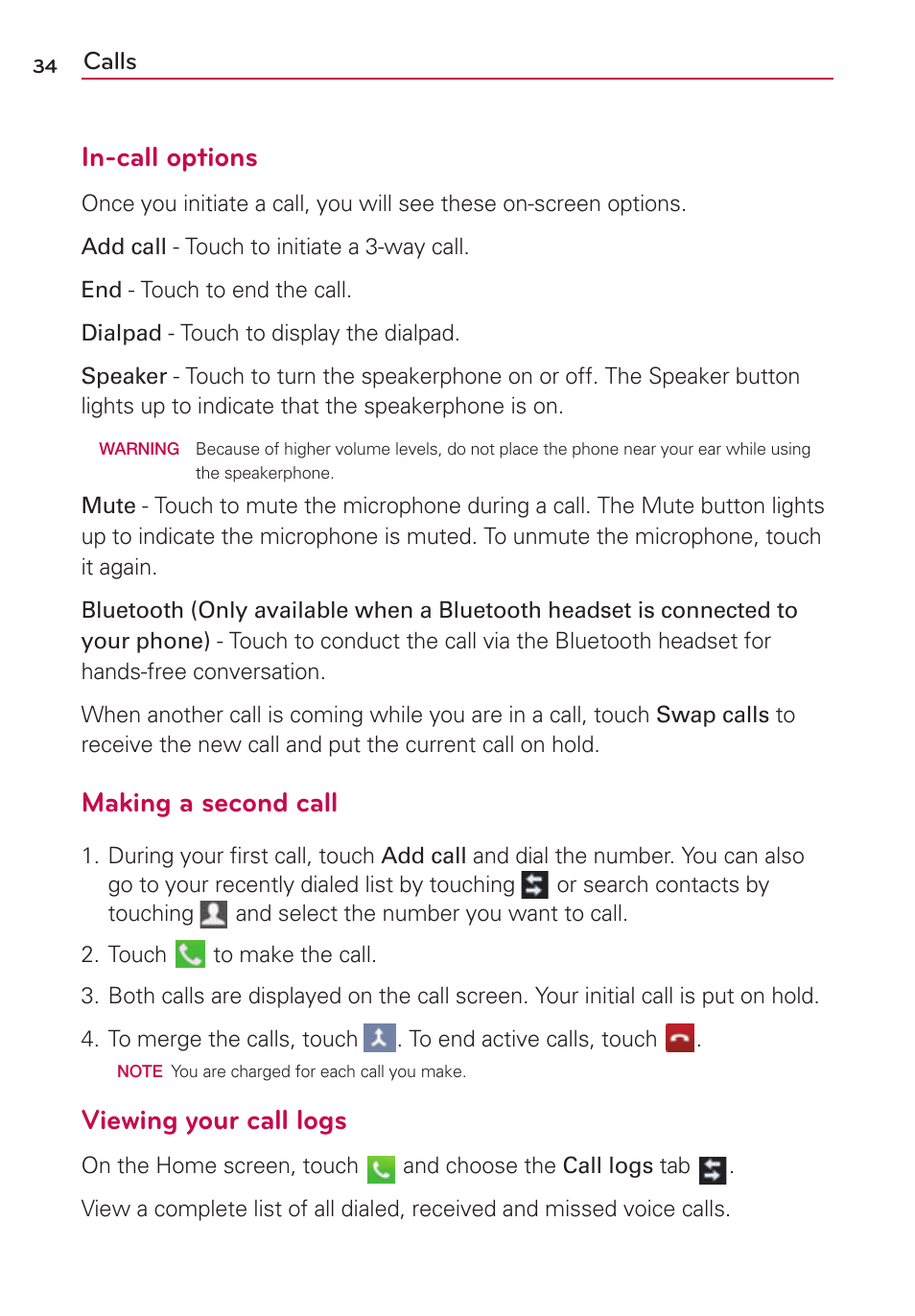 In-call options, Making a second call, Viewing your call logs | LG US780 User Manual | Page 34 / 117