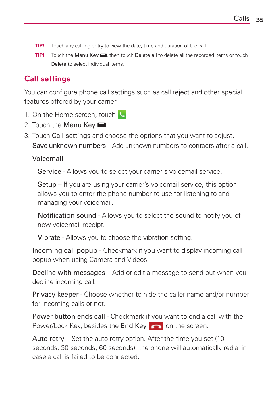 Call settings, Calls | LG US780 User Manual | Page 35 / 117