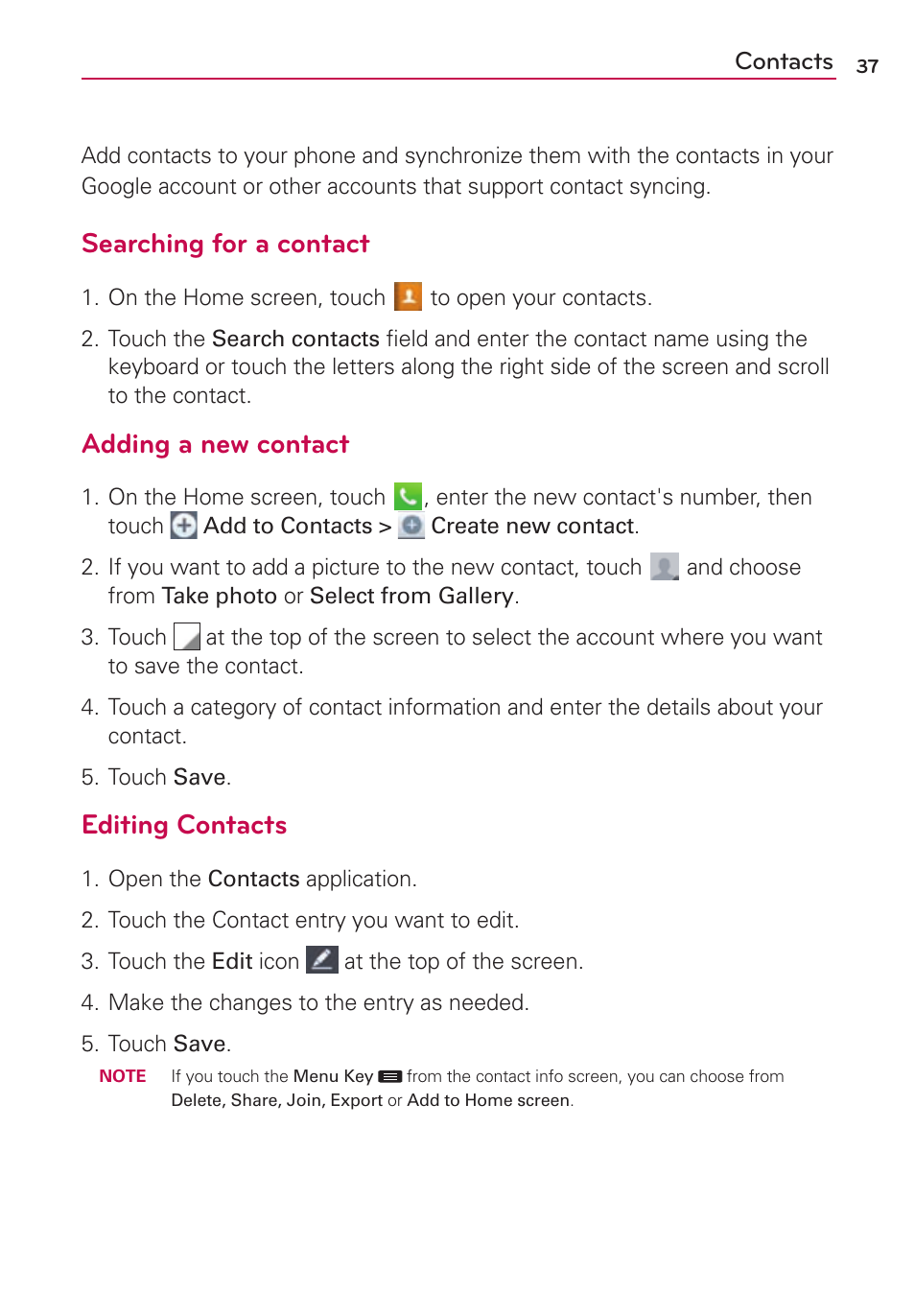 Contacts, Searching for a contact, Adding a new contact | Editing contacts | LG US780 User Manual | Page 37 / 117