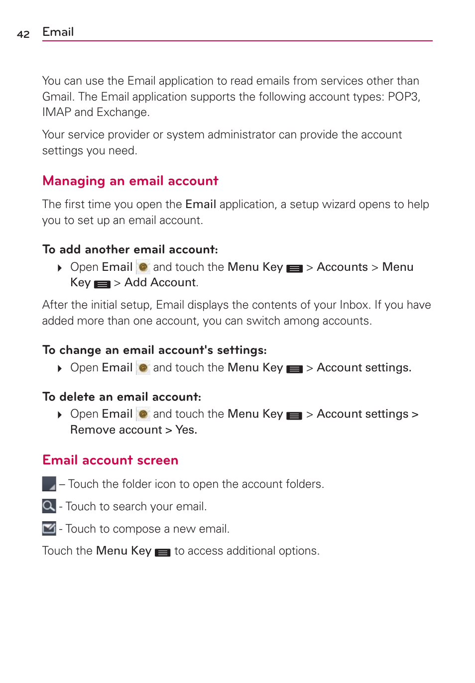 Email, Managing an email account, Email account screen | LG US780 User Manual | Page 42 / 117