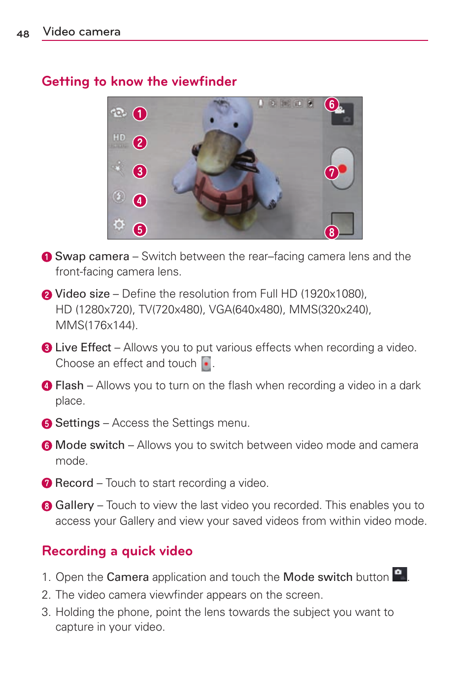 Video camera, Getting to know the viewfinder, Recording a quick video | LG US780 User Manual | Page 48 / 117