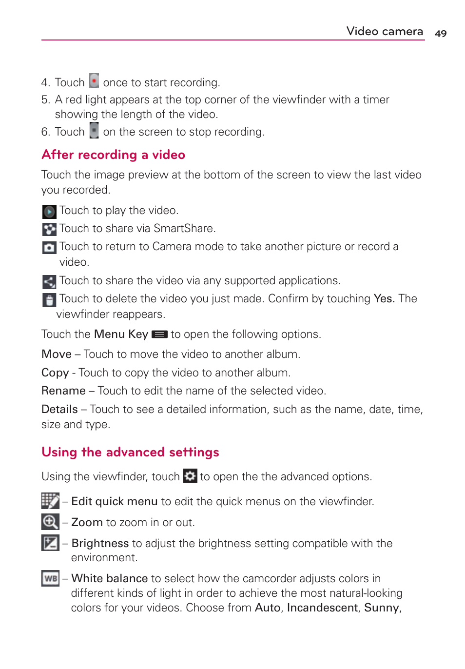 After recording a video, Using the advanced settings | LG US780 User Manual | Page 49 / 117