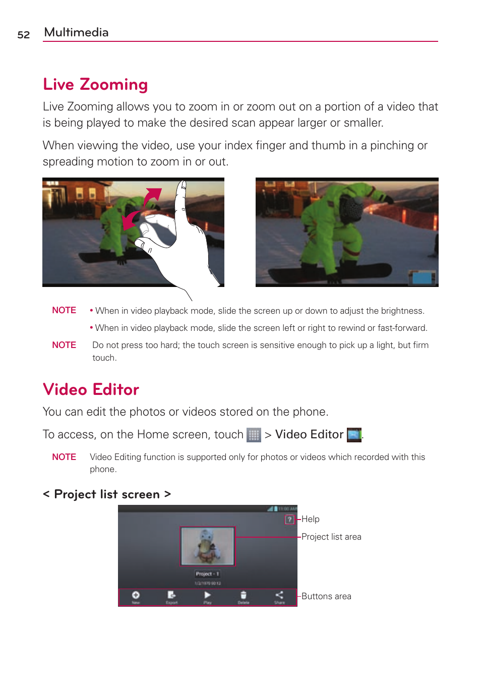 Live zooming, Video editor, Multimedia | Project list screen | LG US780 User Manual | Page 52 / 117