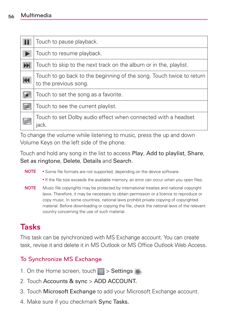 Tasks, Multimedia | LG US780 User Manual | Page 56 / 117