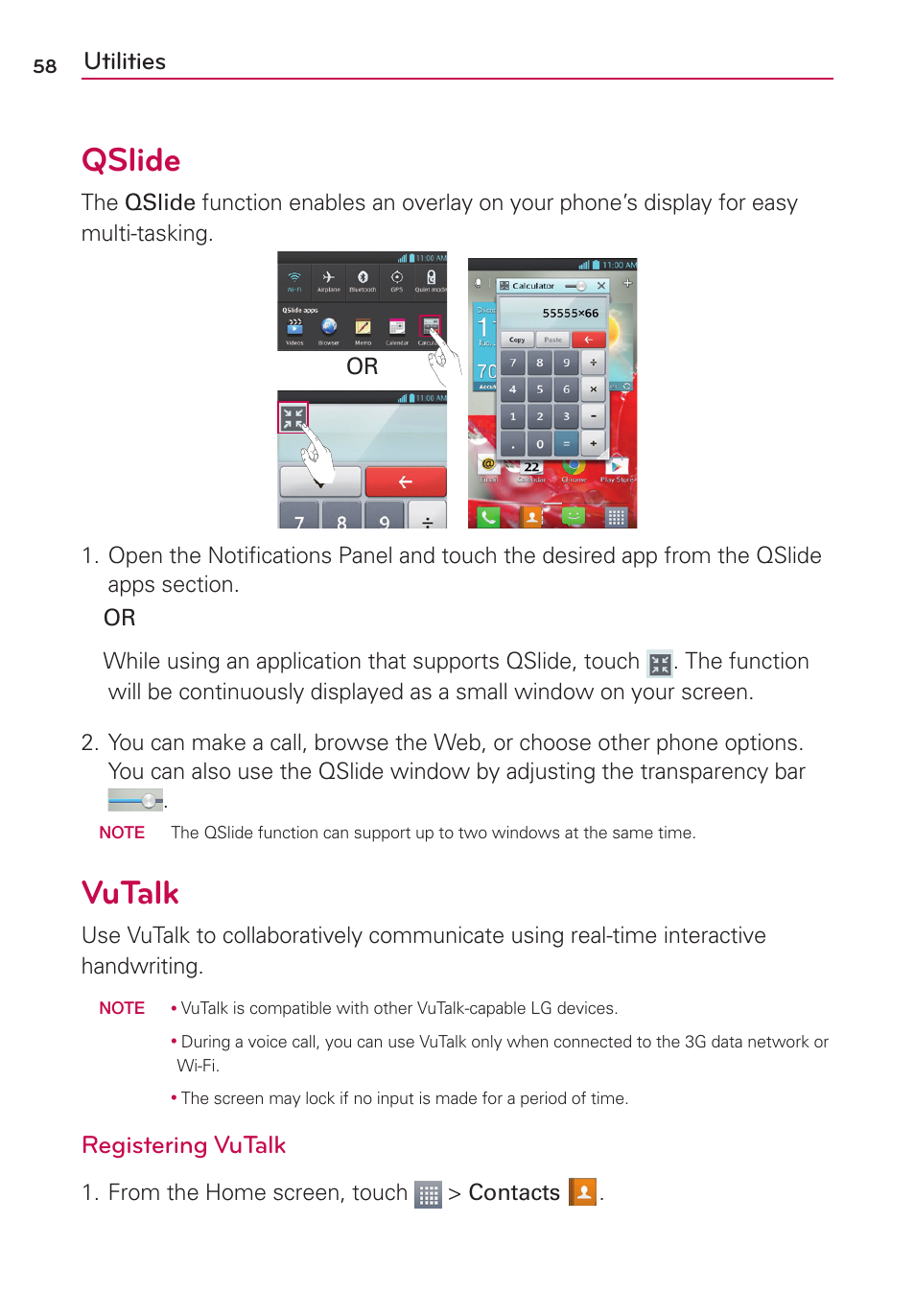 Utilities, Qslide, Vutalk | Registering vutalk | LG US780 User Manual | Page 58 / 117
