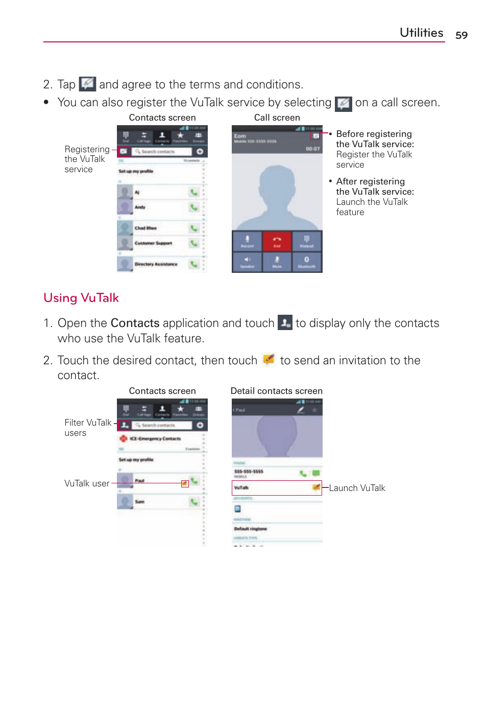 Utilities, Using vutalk | LG US780 User Manual | Page 59 / 117