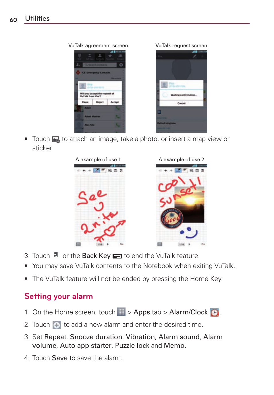 Setting your alarm, Utilities | LG US780 User Manual | Page 60 / 117