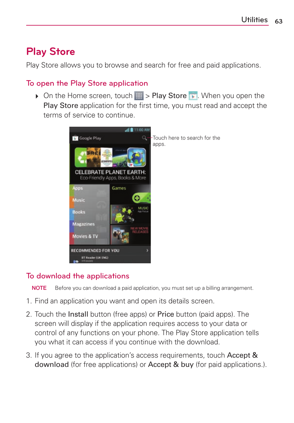 Play store, Utilities | LG US780 User Manual | Page 63 / 117