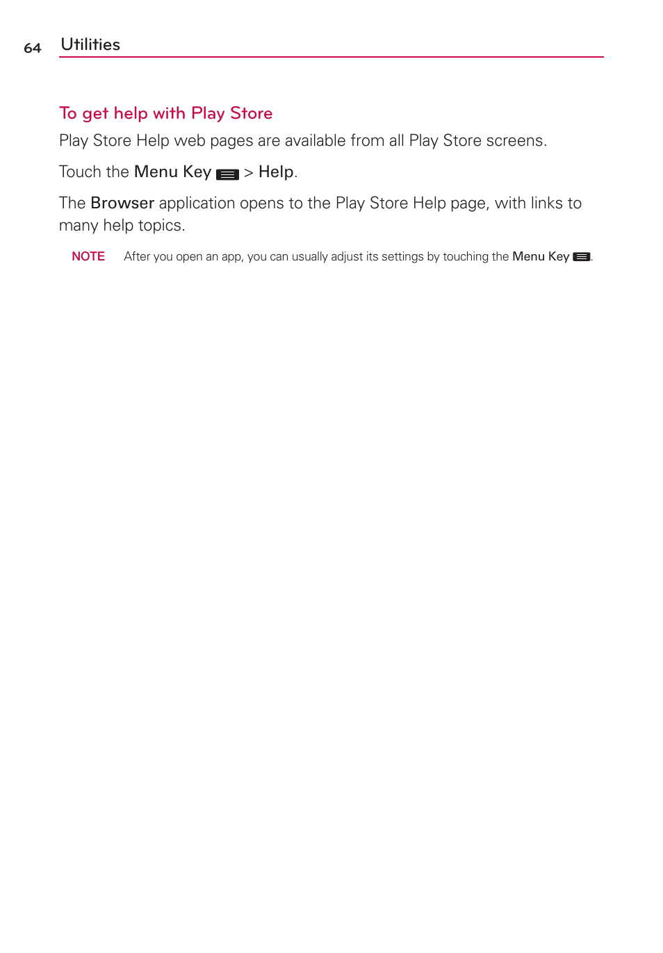 Utilities to get help with play store | LG US780 User Manual | Page 64 / 117