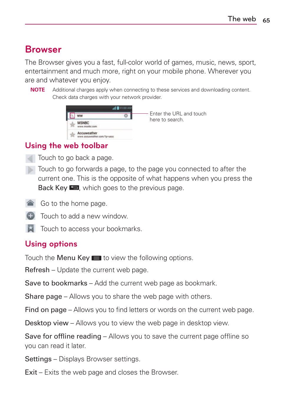 The web, Browser, Using the web toolbar | Using options | LG US780 User Manual | Page 65 / 117
