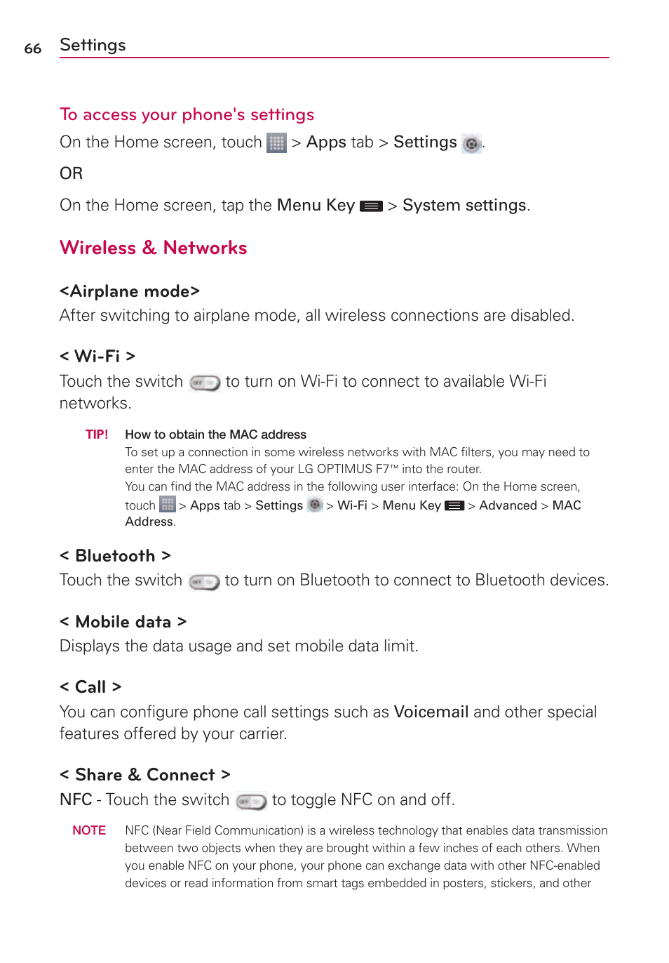 Settings, Wireless & networks, Settings to access your phone's settings | Airplane mode, Wi-fi, Bluetooth, Mobile data, Call, Share & connect | LG US780 User Manual | Page 66 / 117