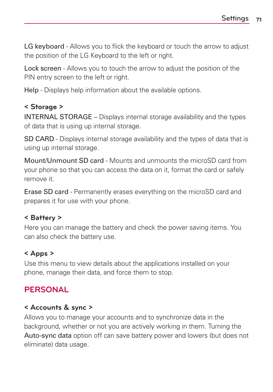Personal | LG US780 User Manual | Page 71 / 117