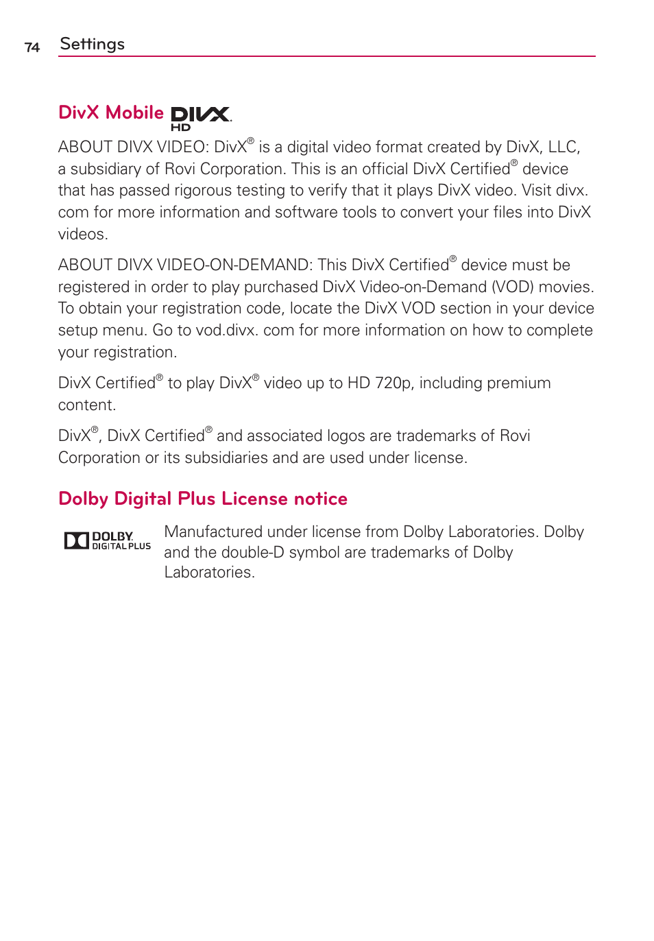 Divx mobile, Dolby digital plus license notice, Settings | LG US780 User Manual | Page 74 / 117