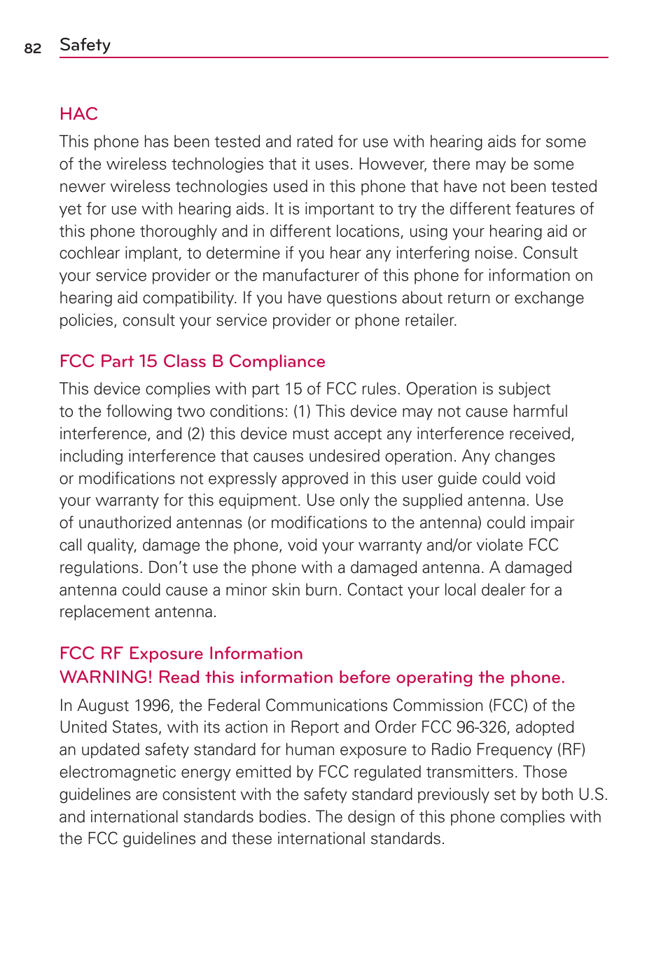 Safety | LG US780 User Manual | Page 82 / 117