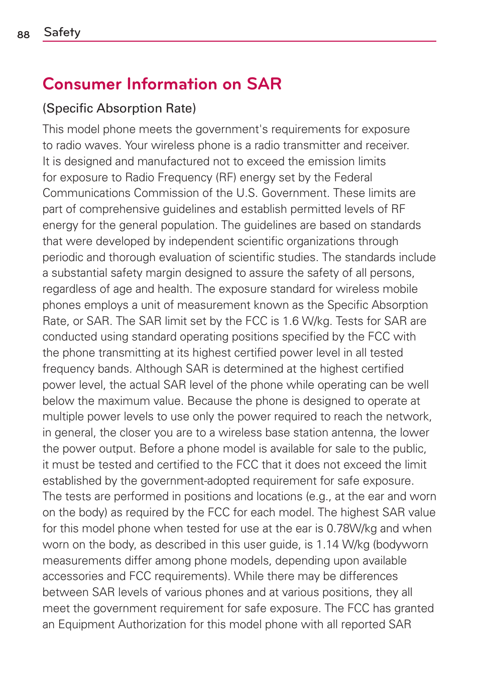 Consumer information on sar | LG US780 User Manual | Page 88 / 117