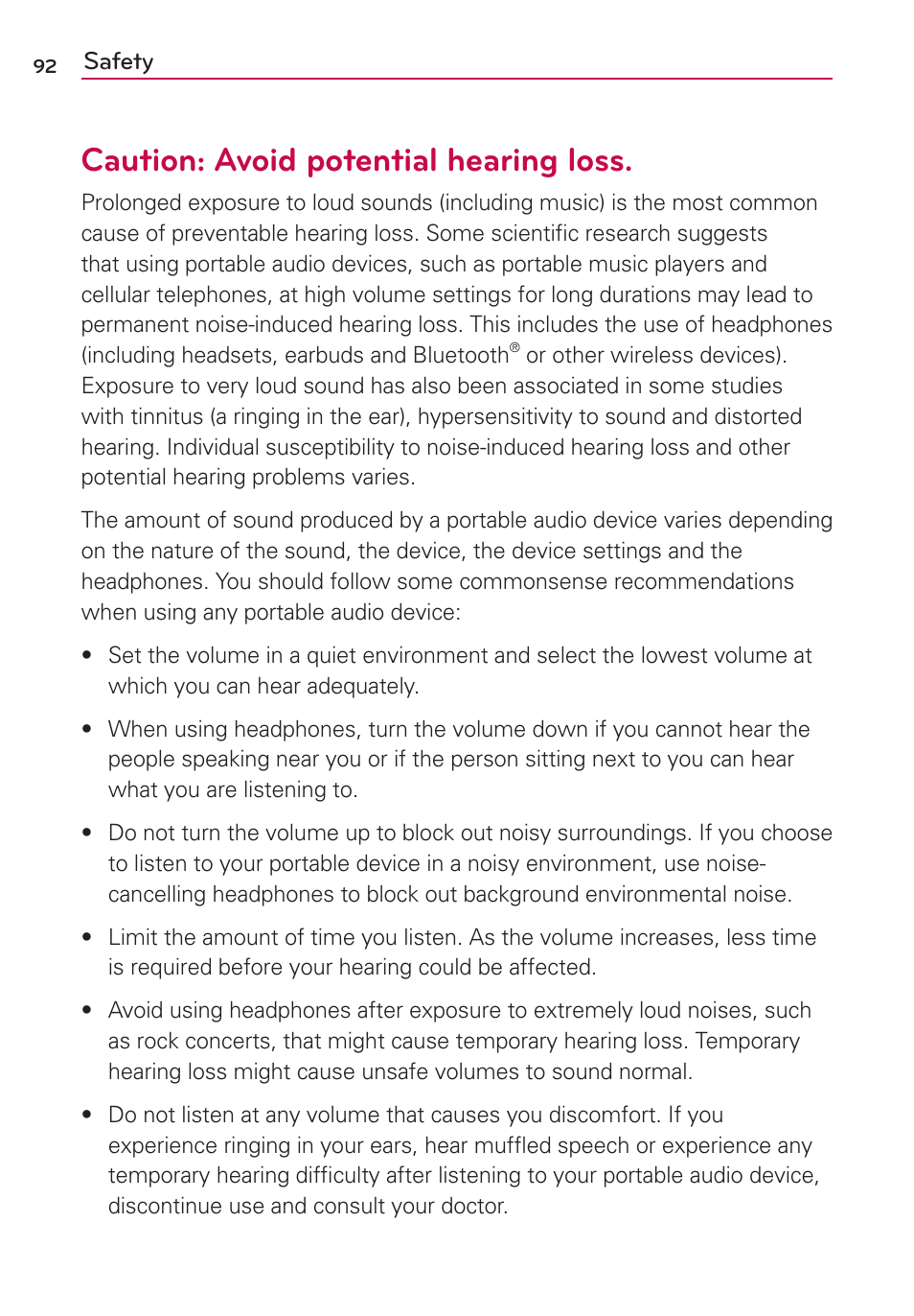 Caution: avoid potential hearing loss | LG US780 User Manual | Page 92 / 117