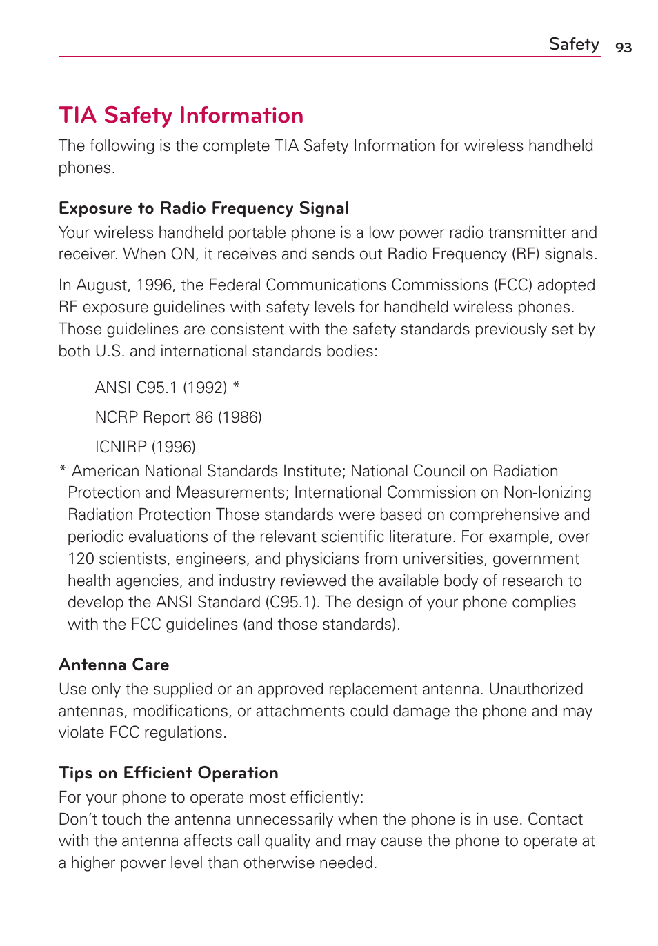 Tia safety information | LG US780 User Manual | Page 93 / 117