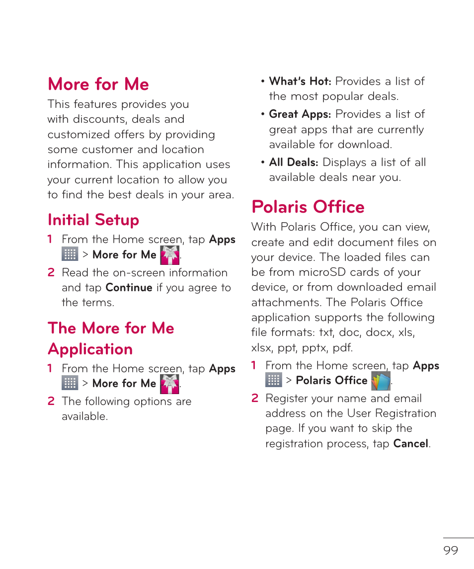 More for me, Initial setup, The more for me application | Polaris office | LG LGP769BK User Manual | Page 101 / 167