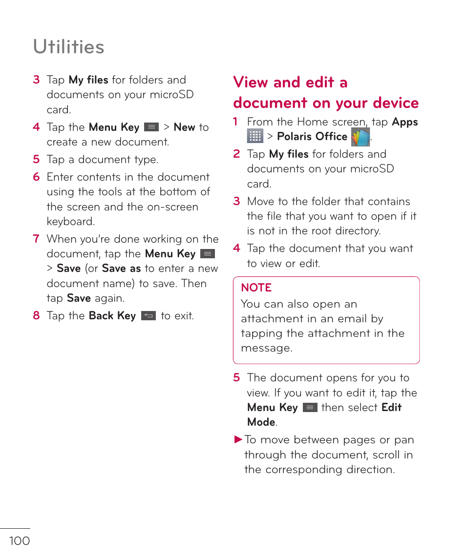 Utilities, View and edit a document on your device | LG LGP769BK User Manual | Page 102 / 167