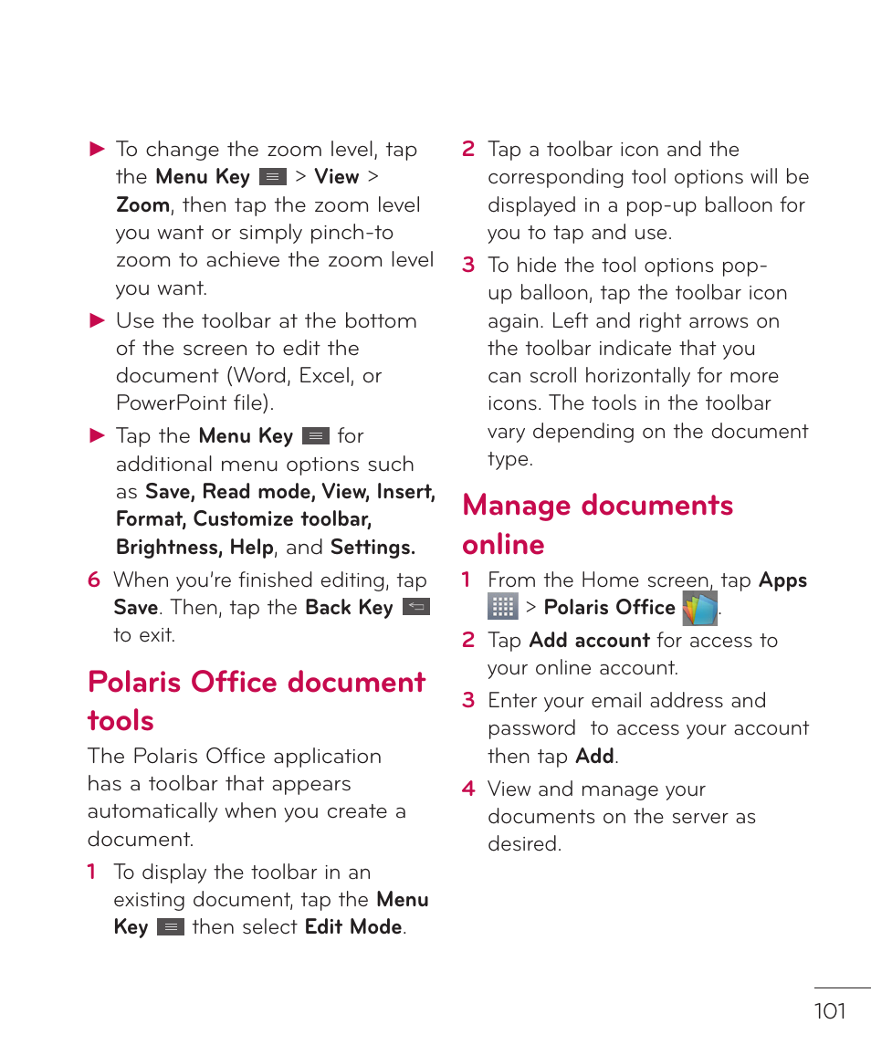 Polaris office document tools, Manage documents online | LG LGP769BK User Manual | Page 103 / 167