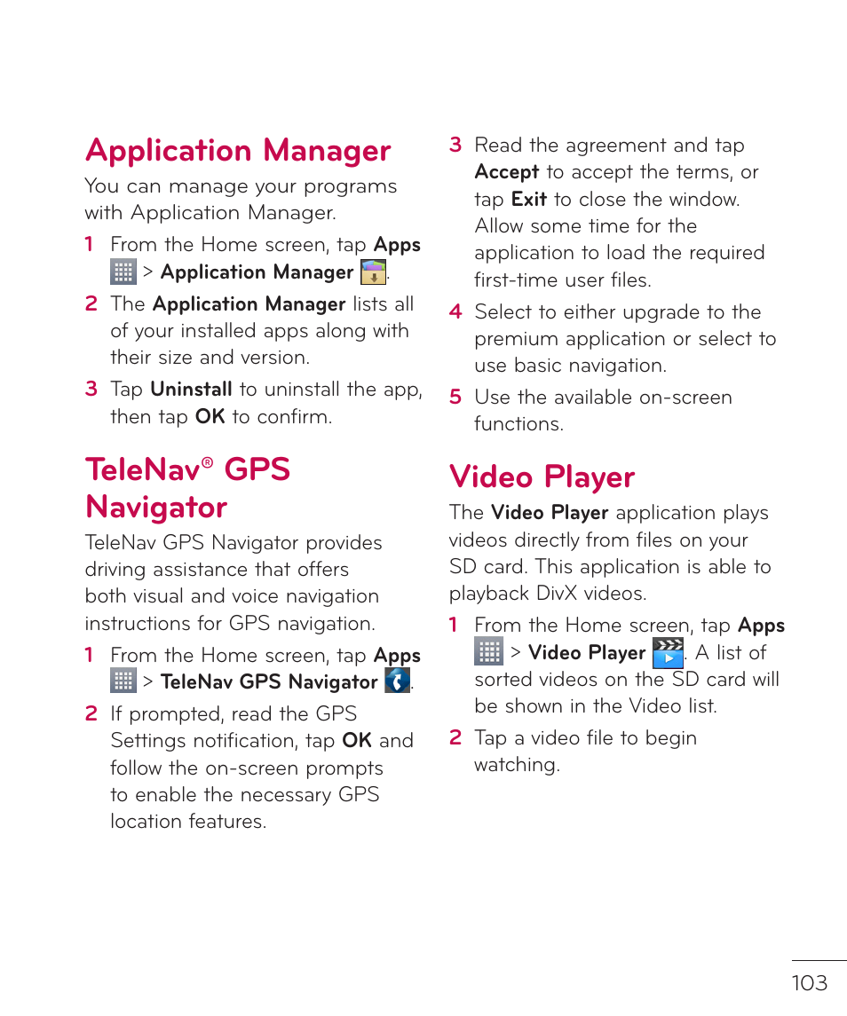 Application manager, Telenav® gps navigator, Video player | Application manager telenav® gps navigator | LG LGP769BK User Manual | Page 105 / 167