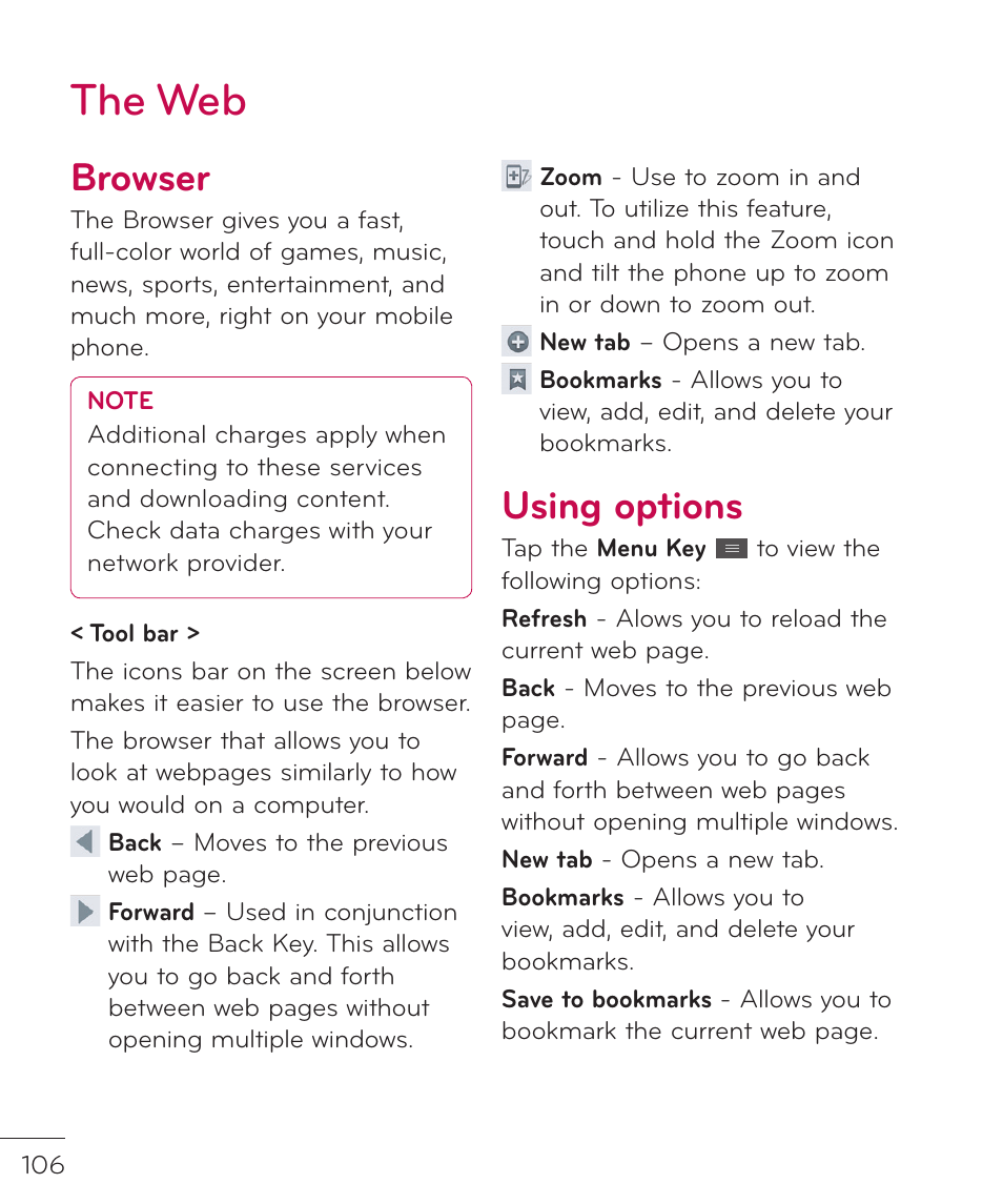 The web, Browser, Using options | Browser using options | LG LGP769BK User Manual | Page 108 / 167