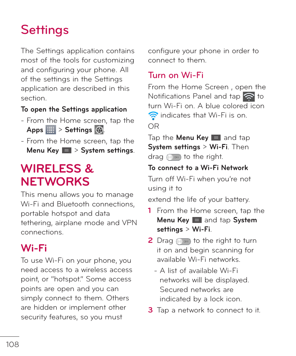Settings, Wireless & networks, Wi-fi | Turn on wi-fi | LG LGP769BK User Manual | Page 110 / 167