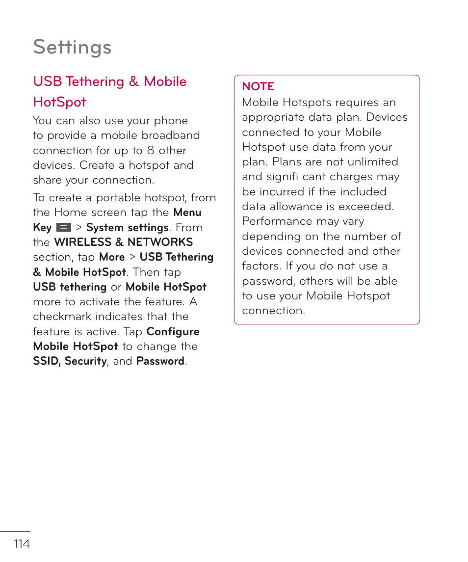 Settings, Usb tethering & mobile hotspot | LG LGP769BK User Manual | Page 116 / 167