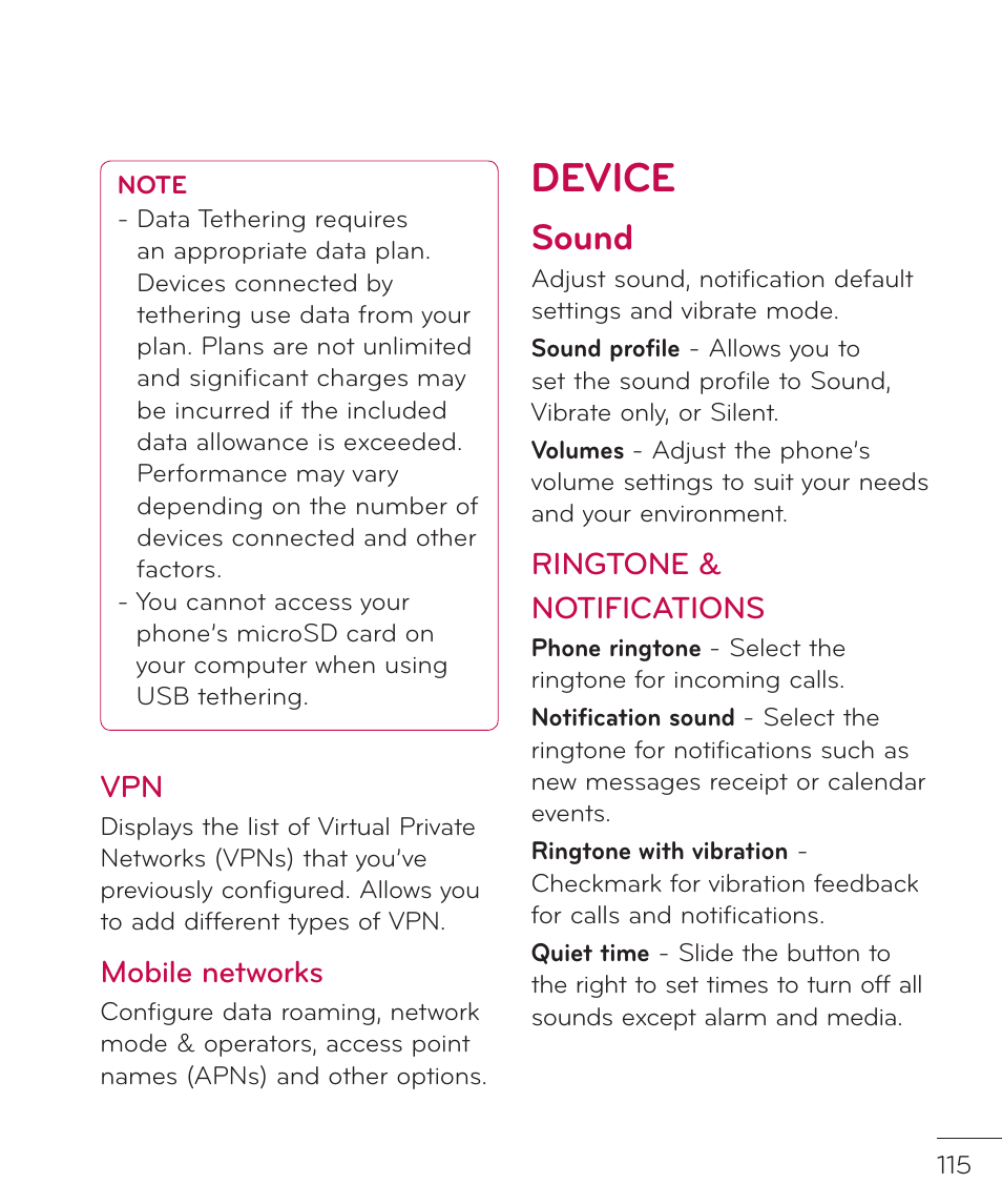 Device, Sound, Mobile networks | Ringtone & notifications | LG LGP769BK User Manual | Page 117 / 167