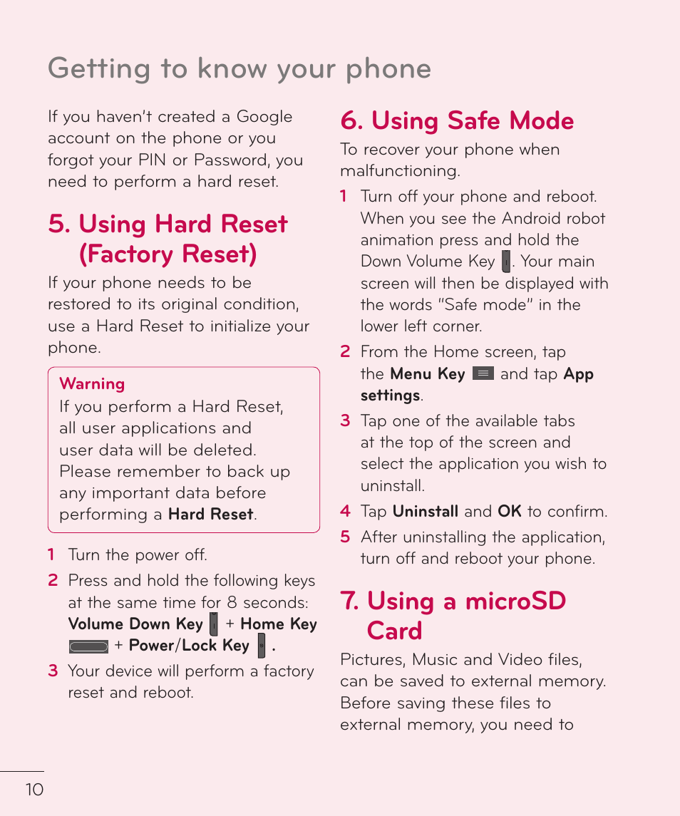 Getting to know your phone, Using hard reset (factory reset), Using safe mode | Using a microsd card | LG LGP769BK User Manual | Page 12 / 167