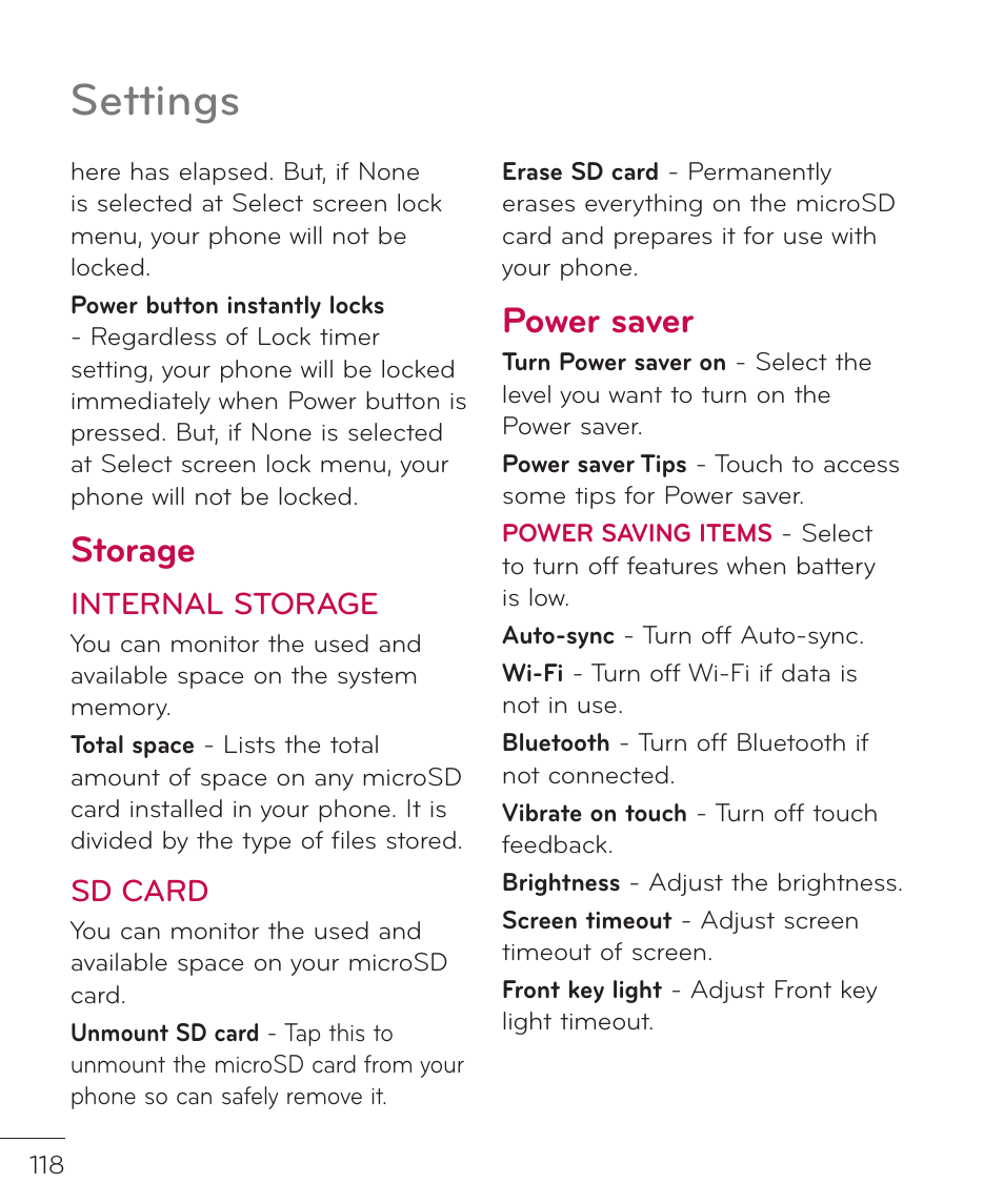 Storage, Power saver, Settings | Internal storage, Sd card | LG LGP769BK User Manual | Page 120 / 167