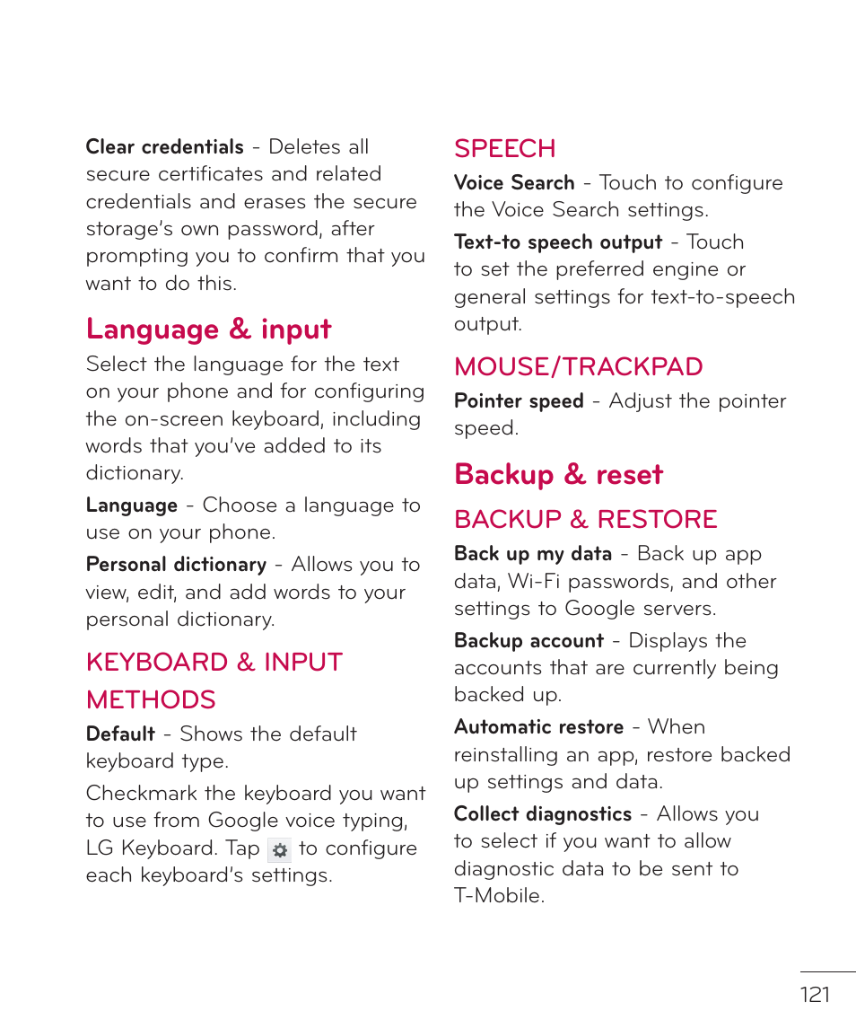 Language & input, Backup & reset, Keyboard & input methods | Speech, Mouse/trackpad, Backup & restore | LG LGP769BK User Manual | Page 123 / 167