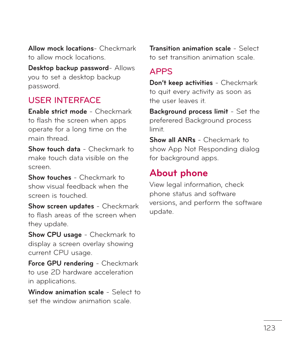 About phone, User interface, Apps | LG LGP769BK User Manual | Page 125 / 167