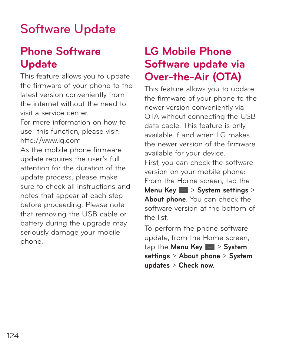 Software update, Phone software update | LG LGP769BK User Manual | Page 126 / 167