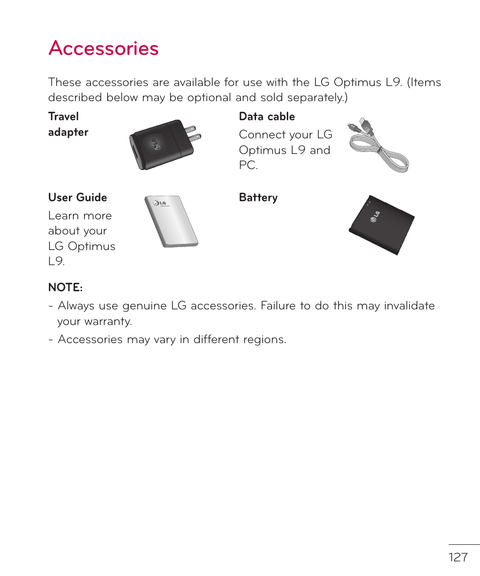Accessories | LG LGP769BK User Manual | Page 129 / 167