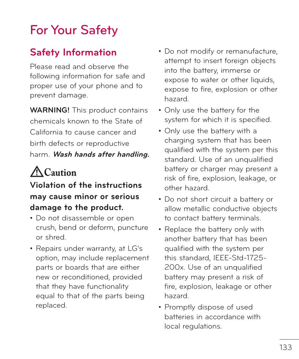 For your safety, Safety information | LG LGP769BK User Manual | Page 135 / 167