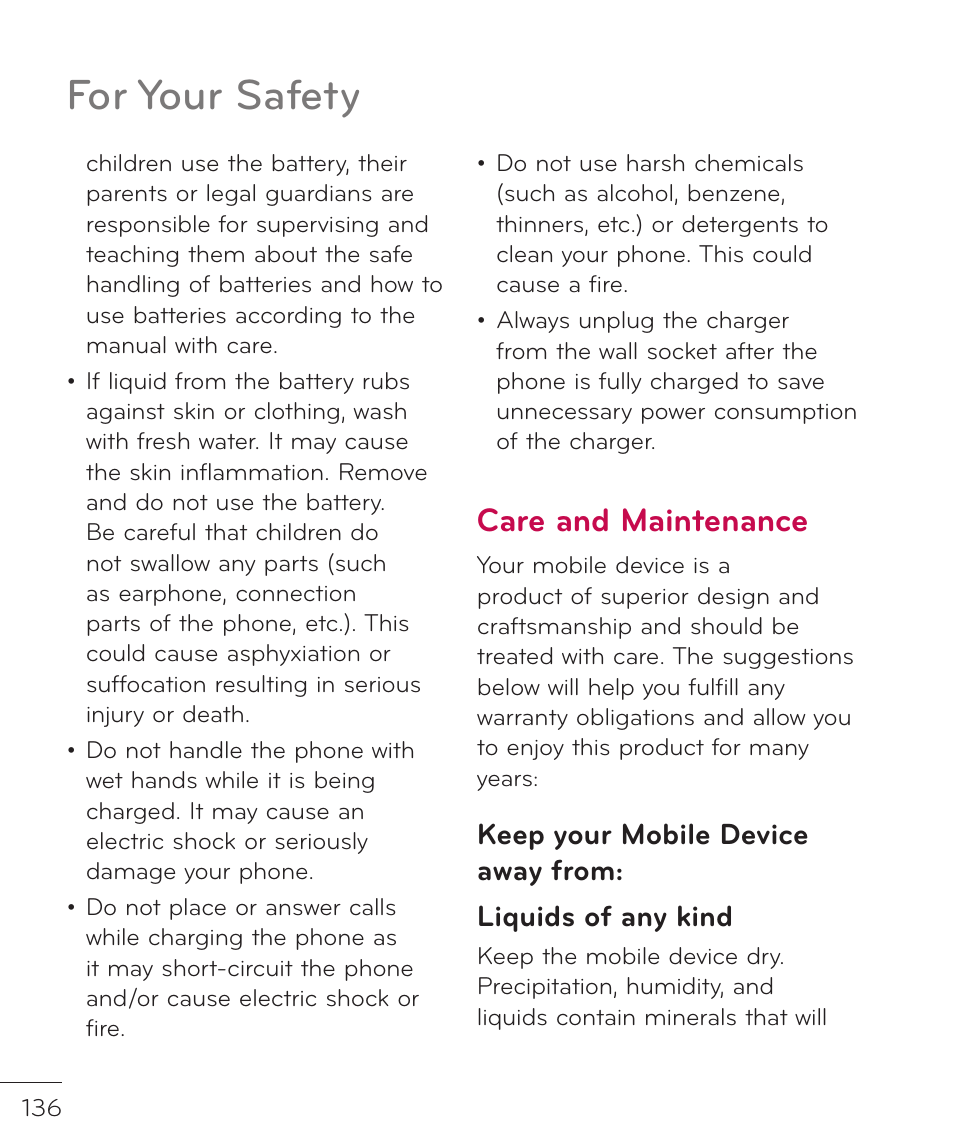 For your safety, Care and maintenance | LG LGP769BK User Manual | Page 138 / 167