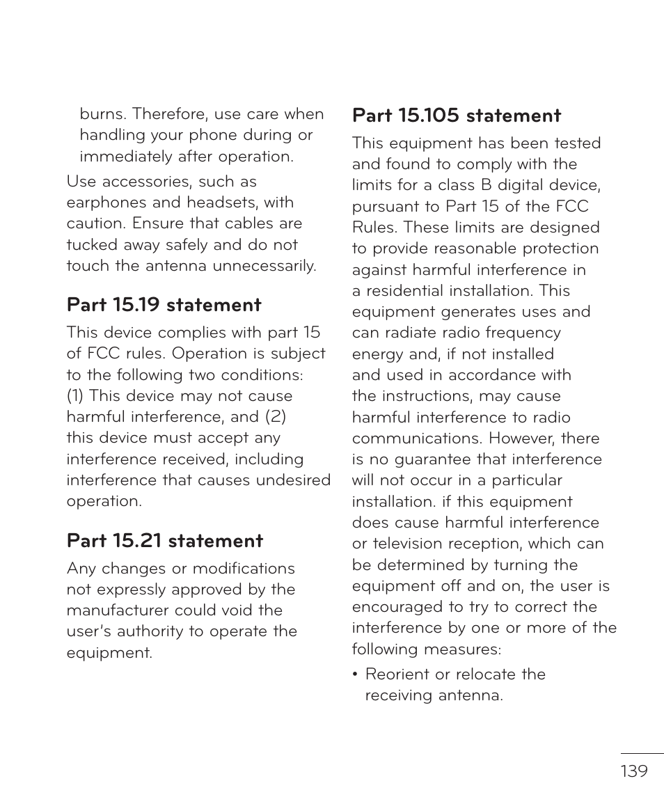 Part 15.19 statement, Part 15.21 statement | LG LGP769BK User Manual | Page 141 / 167