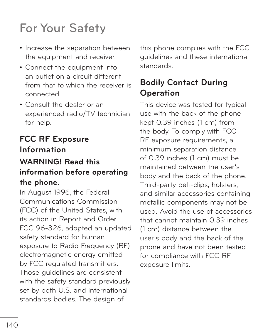 For your safety, Fcc rf exposure information, Bodily contact during operation | LG LGP769BK User Manual | Page 142 / 167