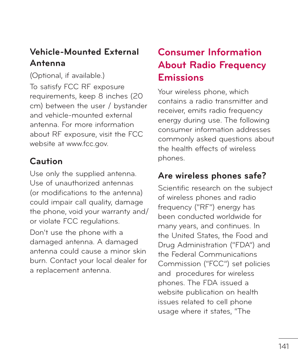 Vehicle-mounted external antenna, Caution, Are wireless phones safe | LG LGP769BK User Manual | Page 143 / 167