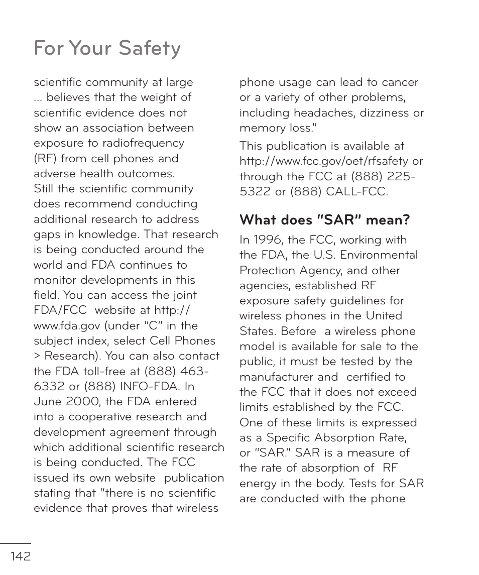 For your safety, What does “sar” mean | LG LGP769BK User Manual | Page 144 / 167