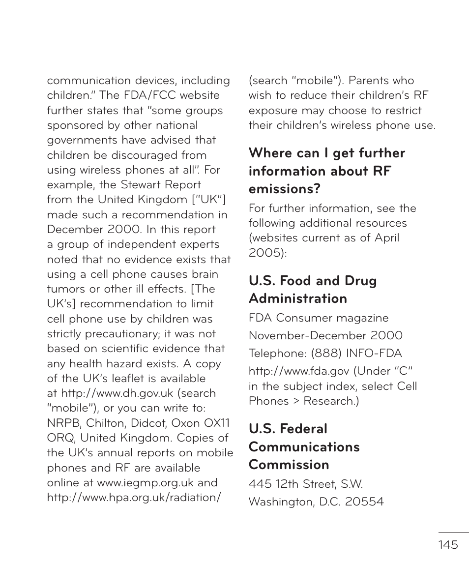 U.s. food and drug administration, U.s. federal communications commission | LG LGP769BK User Manual | Page 147 / 167
