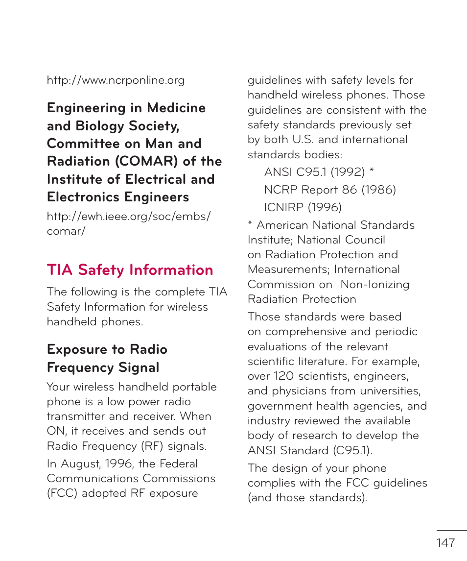 Tia safety information, Exposure to radio frequency signal | LG LGP769BK User Manual | Page 149 / 167