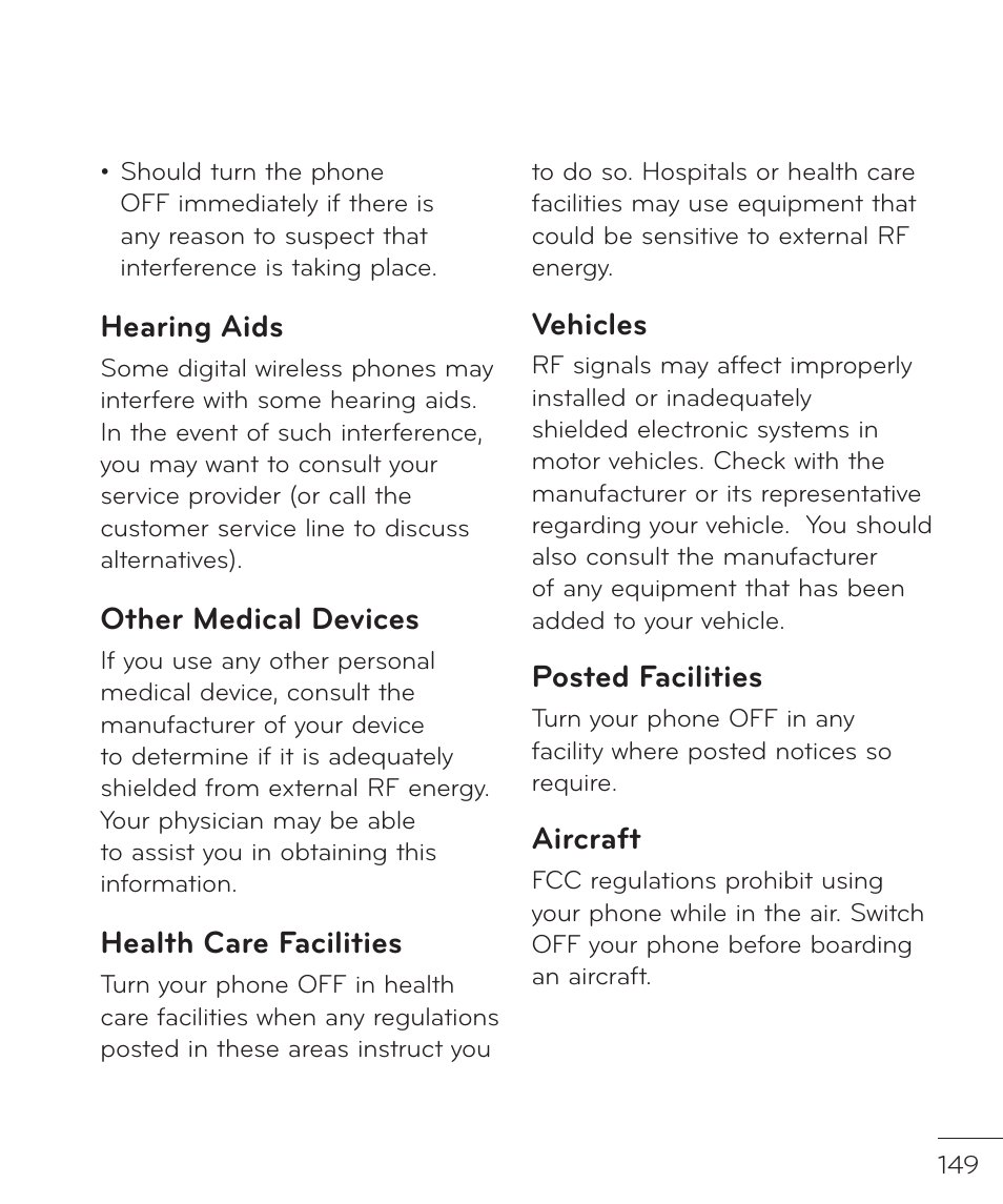 Hearing aids, Other medical devices, Health care facilities | Vehicles, Posted facilities, Aircraft | LG LGP769BK User Manual | Page 151 / 167