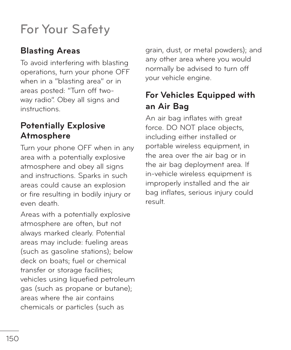 For your safety, Blasting areas, Potentially explosive atmosphere | For vehicles equipped with an air bag | LG LGP769BK User Manual | Page 152 / 167
