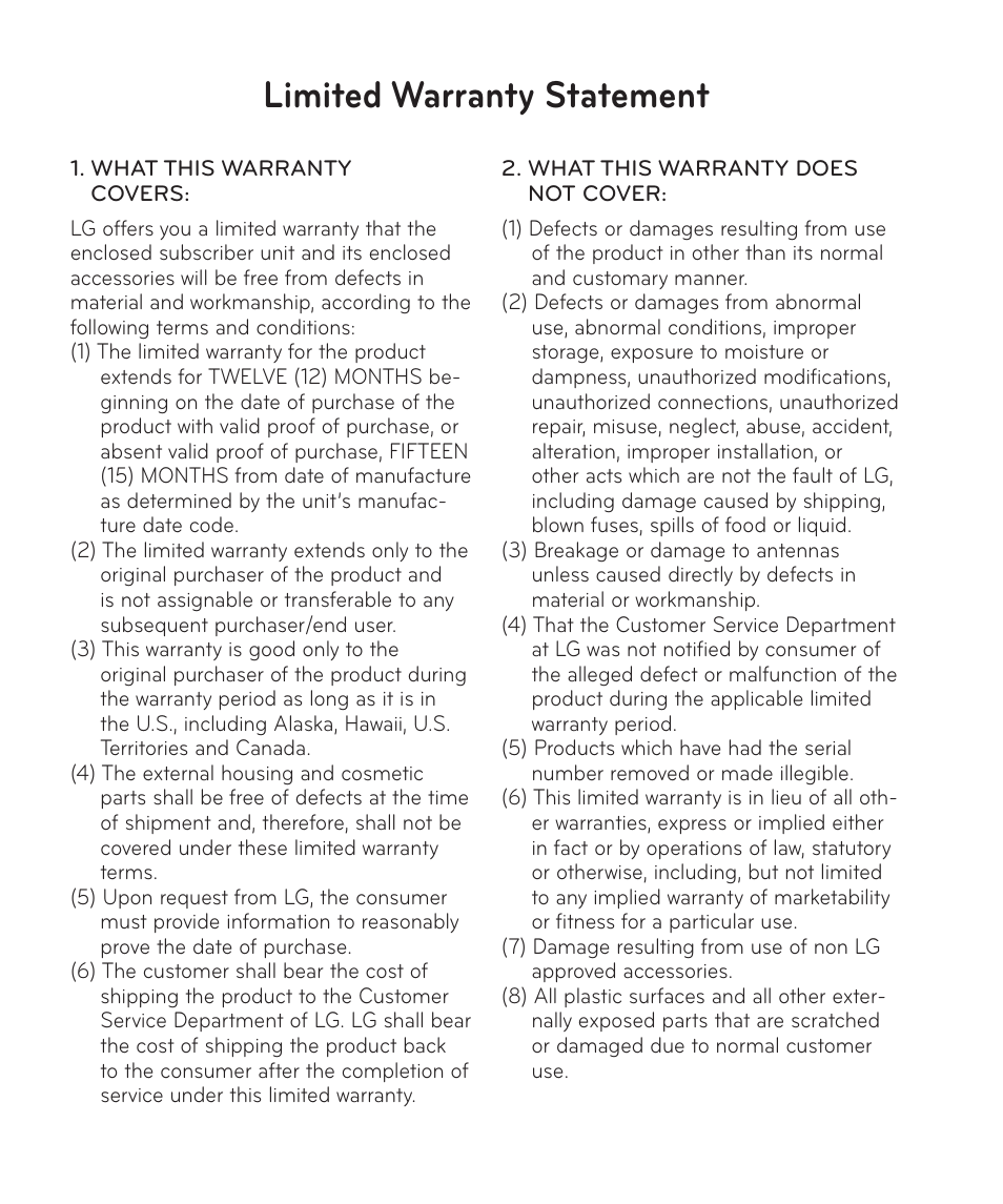 Limited warranty statement | LG LGP769BK User Manual | Page 166 / 167