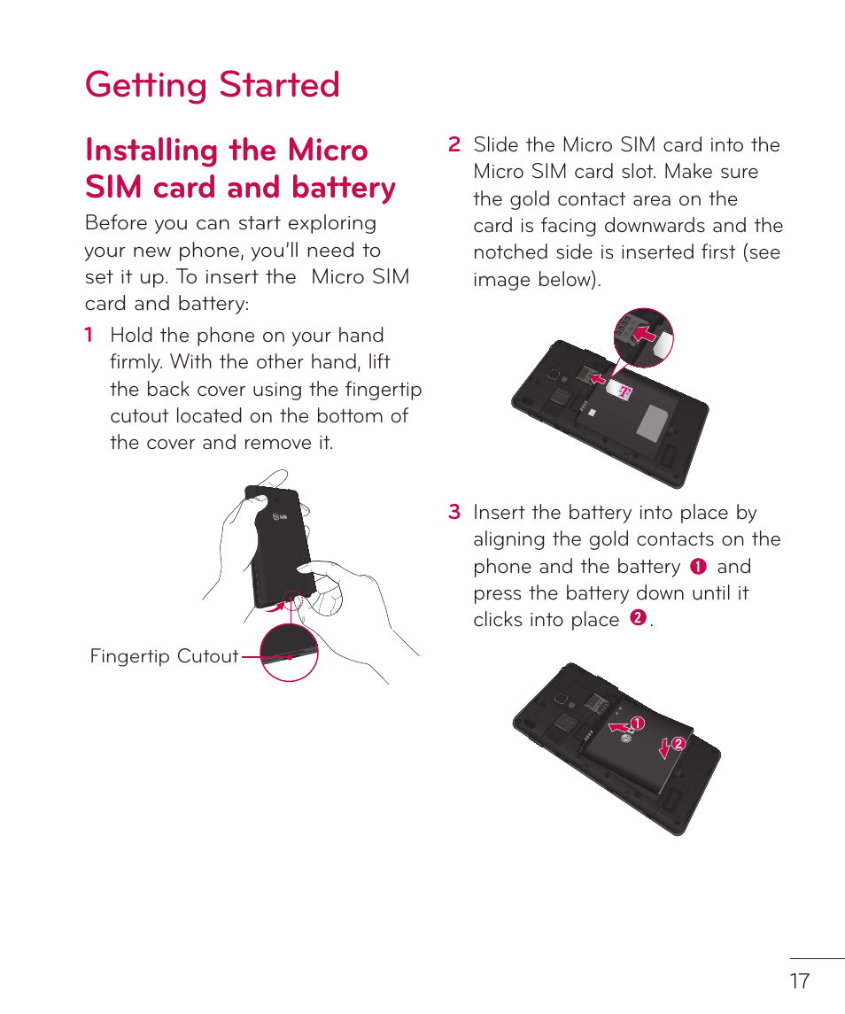 Getting started, Installing the micro sim card and battery | LG LGP769BK User Manual | Page 19 / 167