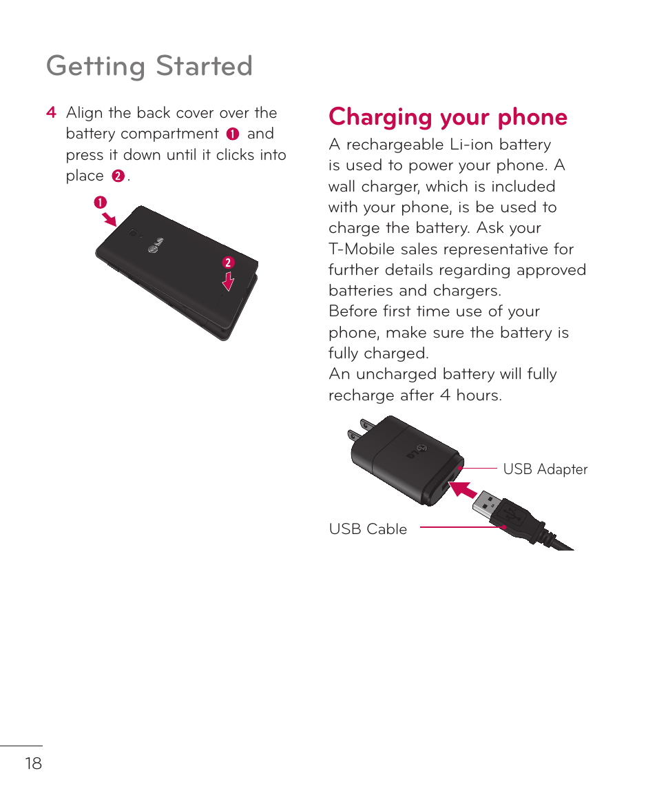 Charging your phone, Getting started | LG LGP769BK User Manual | Page 20 / 167