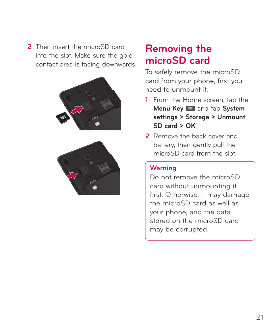 Removing the microsd card | LG LGP769BK User Manual | Page 23 / 167
